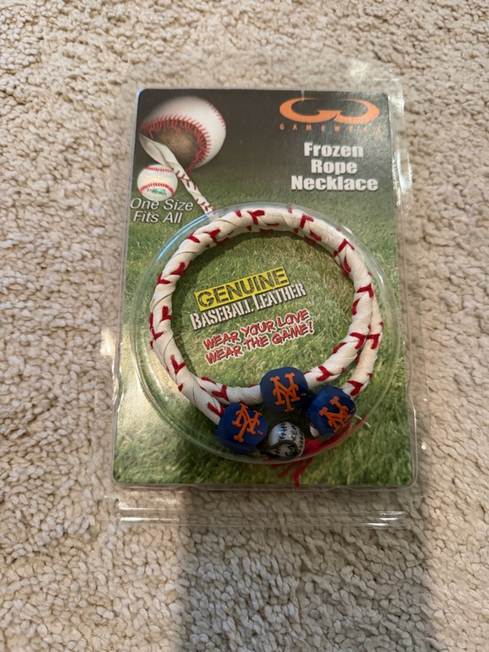 Genuine Baseball Rope Necklace with Team Logo Beads - White with Red Stitching